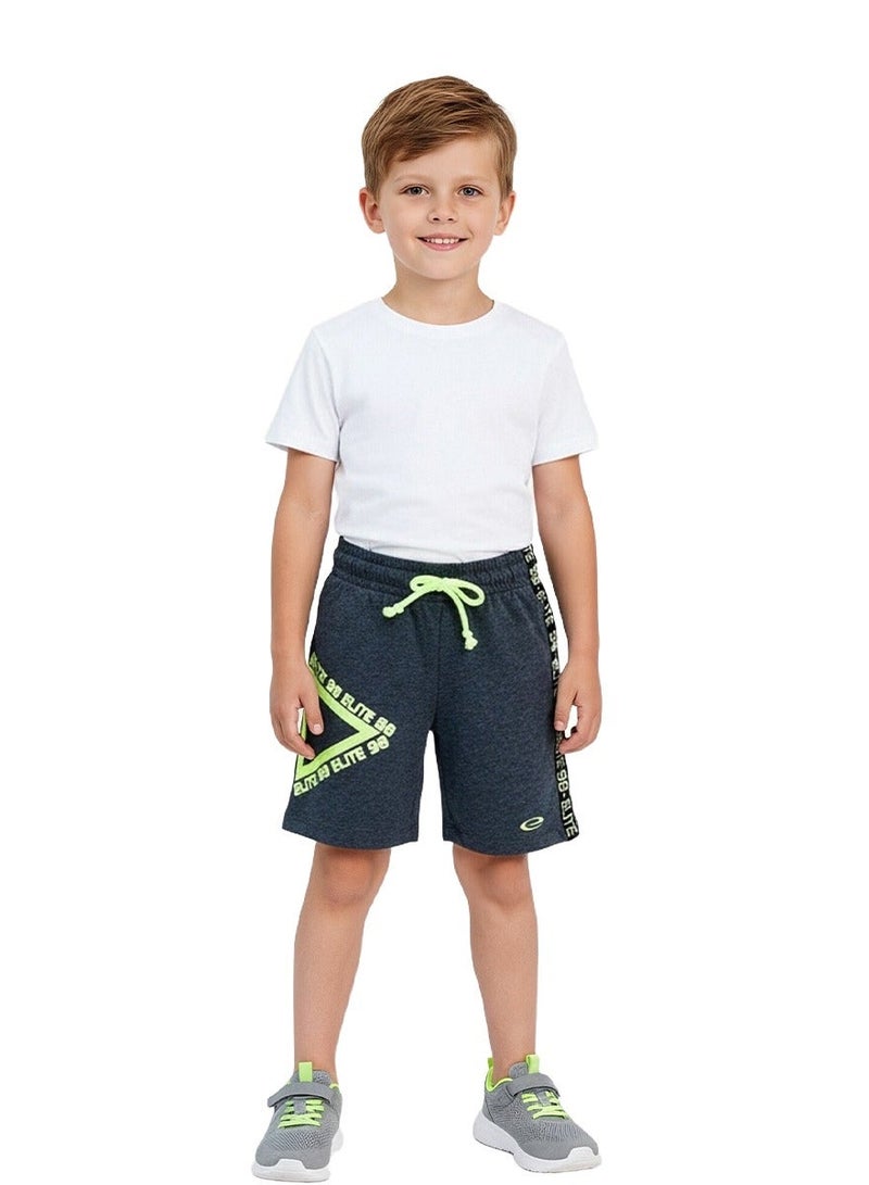 WiNi BEE Boys' Athletic Sport Shorts, Dark Grey Heather with Neon Green Print, Knee-Length Training Pants, Elastic Waistband with Drawstring, Ages 2-6 Years - Image 2